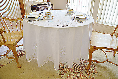 Imperial fine embroidery round tablecloth. 88" Round. White.